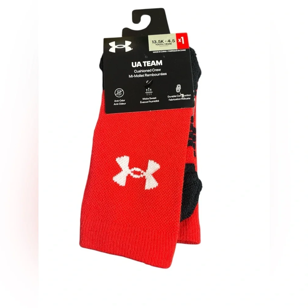 Under Armour Youth Team Crew Socks, 1-Pair , Red/Black/White , Small